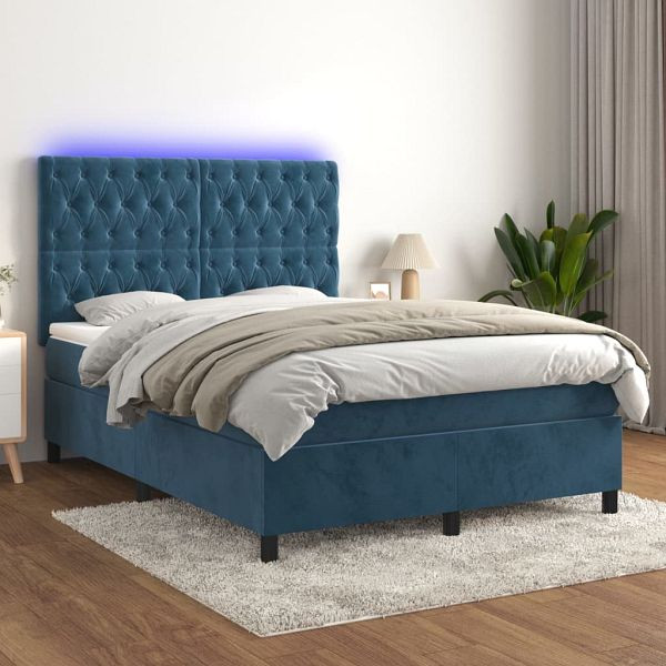 vidaXL Boxspringbett mit Matratze & LED Dunkelblau 140x190 cm Samt, 3136303
