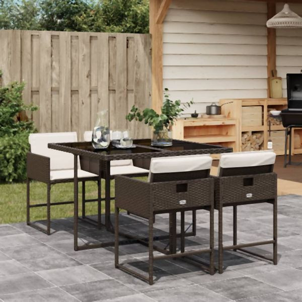 vidaXL 5-tlg. Garten-Essgruppe mit Kissen Braun Poly Rattan, 3211257
