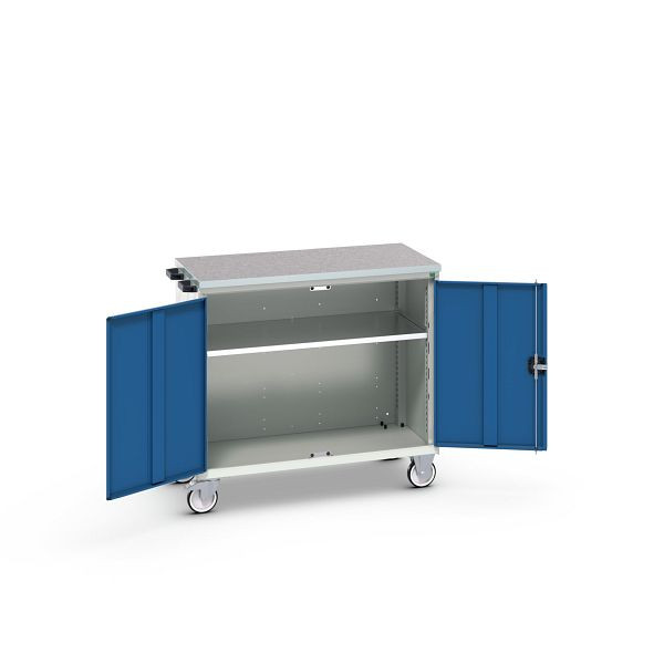 bott verso mobiler Schubladenschrank, mit 2 Türen, Fachboden und Linoleum-Top, BxTxH: 1050 x 600 x 980 mm, Lichtgrau / Enzianblau, 16927062.11
