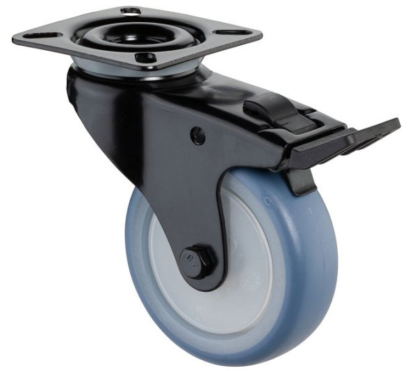 BS Rollen Lenkrolle mit Feststeller schwarz, thermoplastisches Gummirad hellblau, Kugellager, Platte, Durchmesser: 75 mm, VE: 4 Stück, A820.A85.075.05