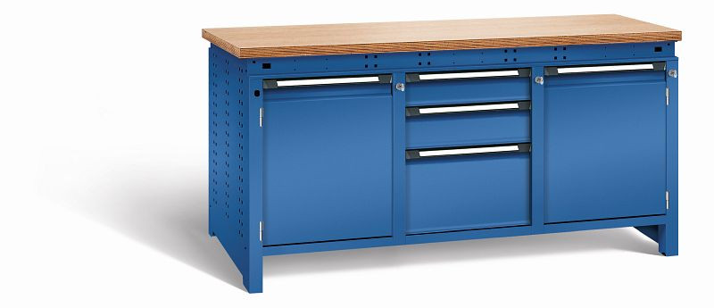 Otto Kind Werkbank Serie function Typ 310, Multiplexplatte 40 mm, bündig, 2x Unterbau + mittleres Feld, komplett RAL 5010, 072365113