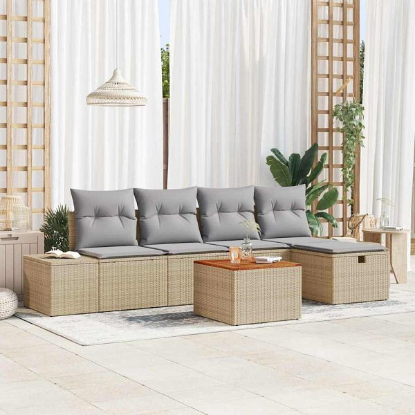 vidaXL Garten-Sofa-Set mit Kissen mit Speicher 6-teilig Beige Poly-Rattan, 3359588