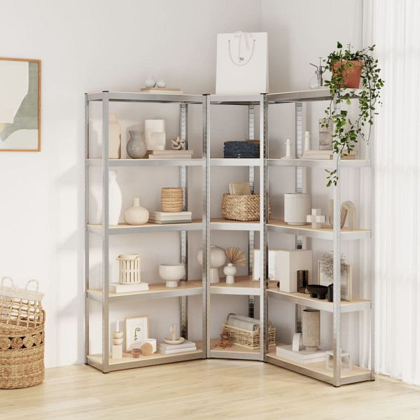 vidaXL Regale mit 5 Böden 3 Stück Silbern Stahl & Holzwerkstoff, 3154162