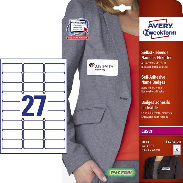 AVERY Zweckform L4784-20 Namensetiketten, 63,5 x 29,6 mm, 20 Blatt/540 Etiketten, weiß, L4784-20