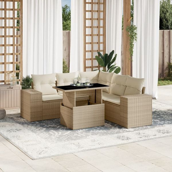 vidaXL 6-tlg. Garten-Sofagarnitur mit Kissen Beige Poly Rattan, 3269158