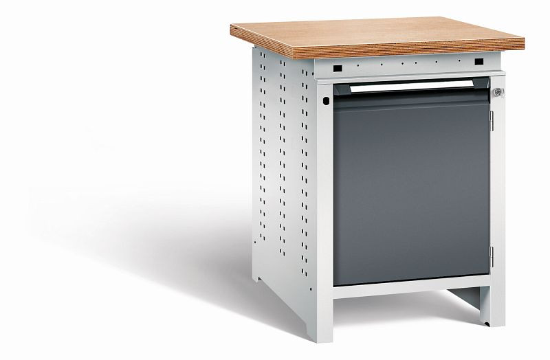 Otto Kind Werkbank Serie function Typ 104, Multiplexplatte 40 mm, überstehend, 1Tür 570 mm, 1 Ablageboden, Gehäuse RAL 7035, Front RAL 7016, 072321249
