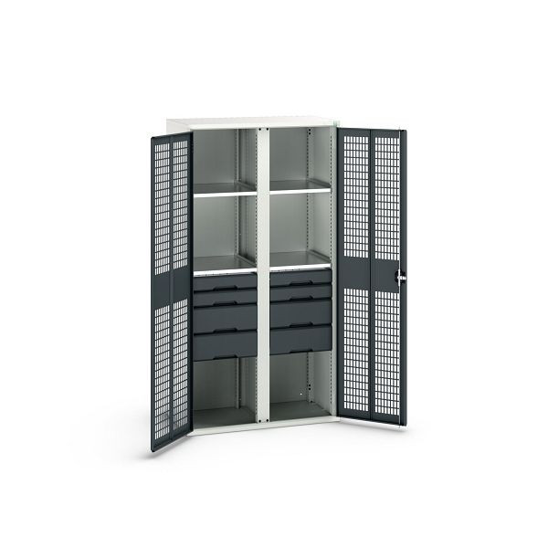 bott verso Garderobenschrank mit Belüftung, mit 4 Fachböden und 8 Schubladen, BxTxH: 1050 x550 x 2000 mm, Lichtgrau / Anthrazitgrau, 16926778.19