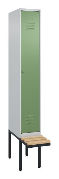 C+P Umkleidespind Classic PLUS, 2120x300x815mm, 7035/6011, Zylinderschloss, Buche-Sitzleisten, je 2 Doppel-Haken, 0800407-10F S10050