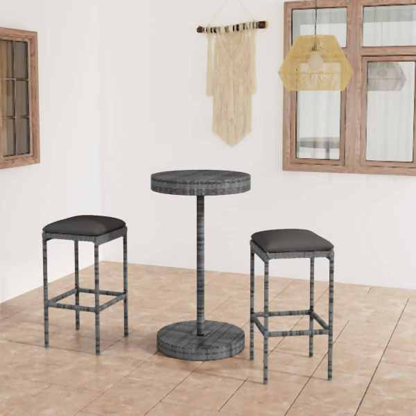 vidaXL 3-tlg. Gartenbar-Set mit Kissen Poly Rattan Grau, 3064760