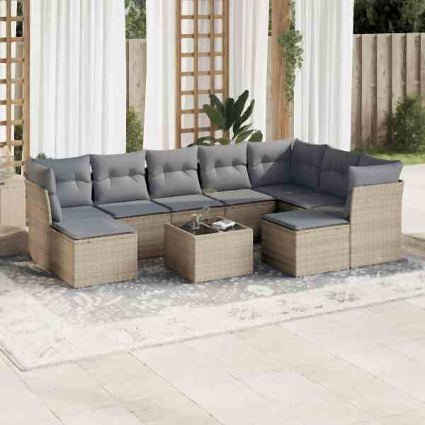 vidaXL 10-tlg. Garten-Sofagarnitur mit Kissen Beige Poly Rattan, UV-beständig, 3218579