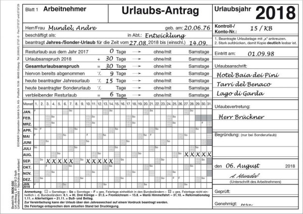 Eichner Urlaubsantrag, VE: 50 Stück, 2-fach, 9606-00586
