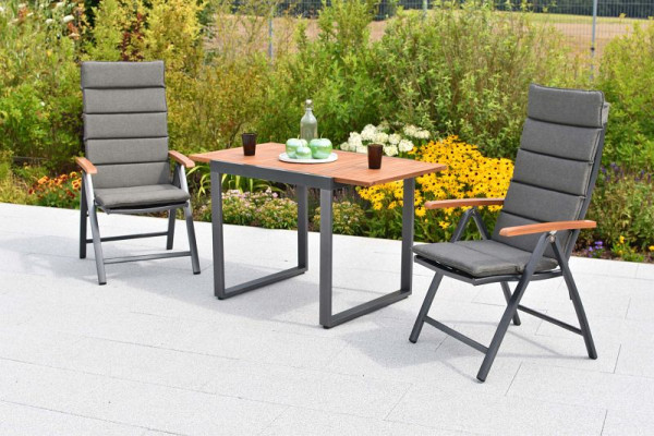 Merxx Tinos Set 5-teilig, 2 Tinos Klappsessel, Holzoptik, 2 Auflegekissen, grau, mit Befestigungsbändchen, 1 Ausziehtisch 80 (120) x 70 cm, 50465-800