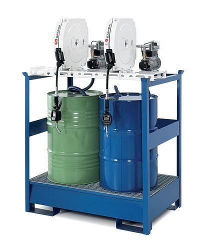 DENIOS Ölstation EPO-2-Z, Wanne, 2 elektrische Fasspumpen, Schlauchaufroller geschlossen 10 m, 201607