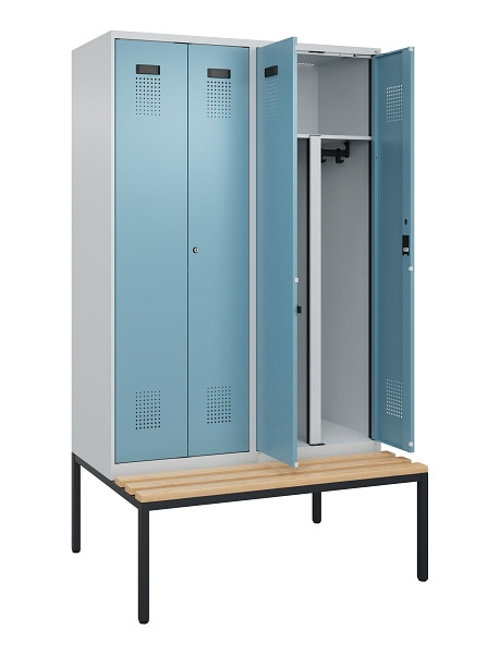 C+P PSA Doppel-Spind Evolo PLUS, Bank, 4 Abteile, 2120x1200x815mm, 7035/0010, Zylinderschloss, Sitzfläche Buche-Hartholz, Sitzbank, 0490527-40P S10036