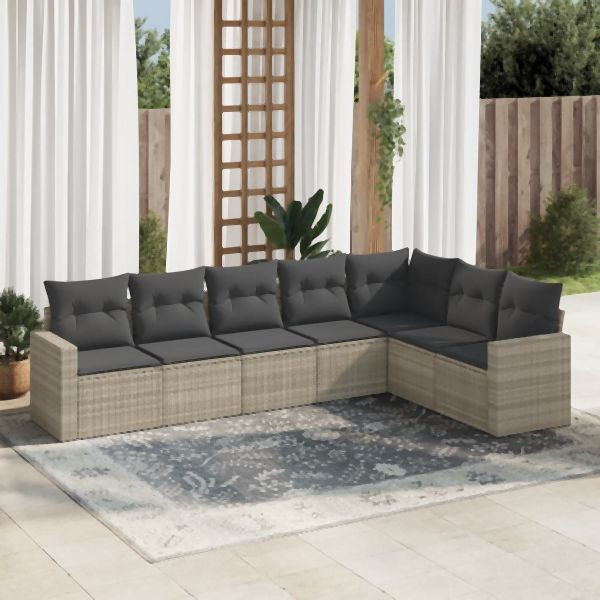 vidaXL 7-tlg. Garten-Sofagarnitur mit Kissen Hellgrau Poly Rattan, 3251389