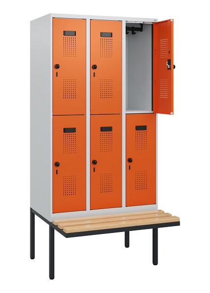 C+P Doppelstock-Spind Evolo PLUS, Bank, 6 Fächer, 1950x900x815mm, 7035/2004, Drehriegel, Sitzfläche Buche-Hartholz, 0493405-30 S10002