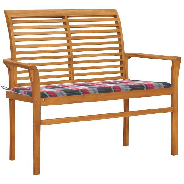 vidaXL Gartenbank Rote Karomuster-Auflage 112 cm Massivholz Teak, 3062662