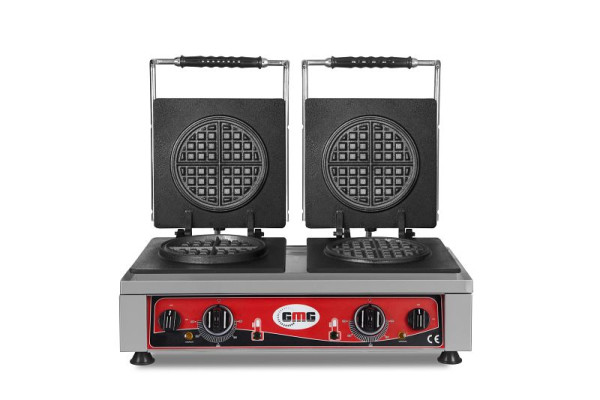 GMG Waffeleisen American, 2x (Ø 16 x 1,5cm), 50° bis 300°C feste Backplatte aus Gusseisen, umlaufende Fettfangrinne, Gehäuse Edelstahl, KGW-26