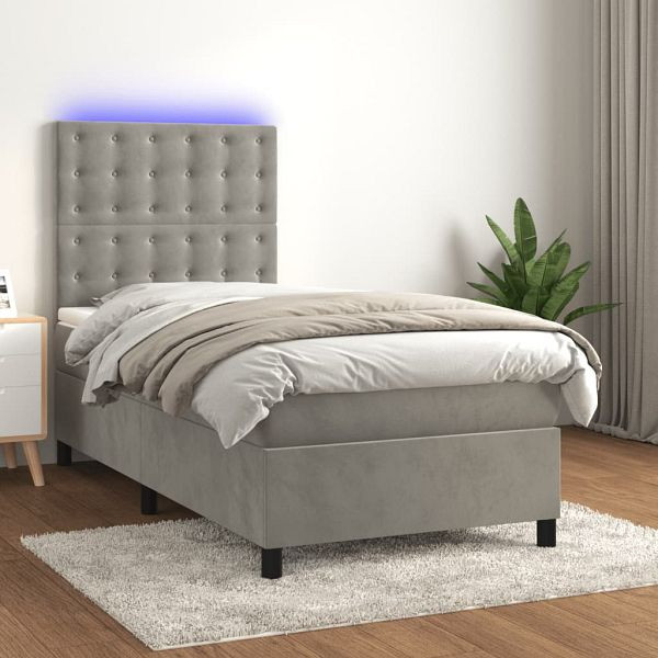 vidaXL Boxspringbett mit Matratze & LED Hellgrau 100x200 cm Samt, 3136347
