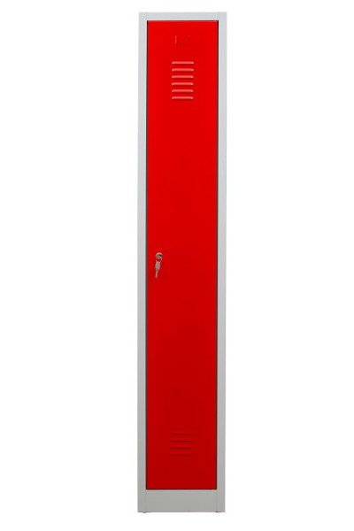 Gürkan Garderobenschrank, 50 x 30 x 180 cm, Lichtgrau, Feuerrot, EU Zylinderschloss, Hutboden & Kleiderhaken, WRC/1.1830, 104754