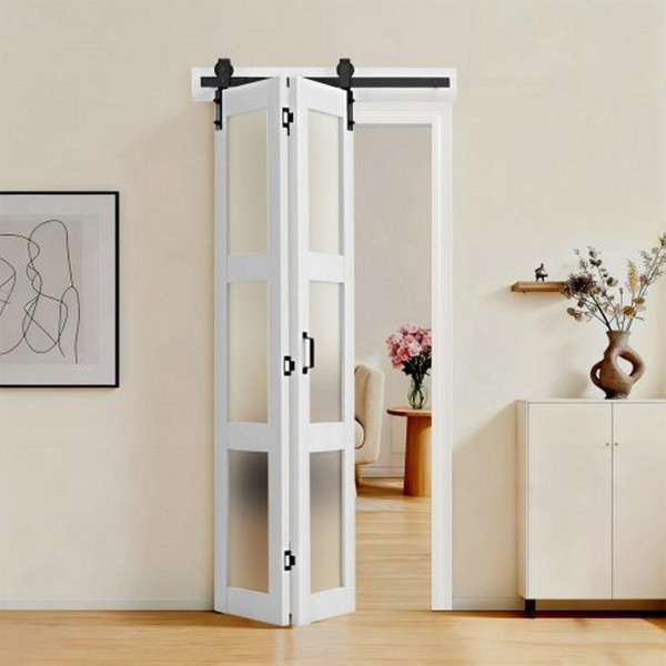 VEVOR Faltbare Schiebetür 914x2134mm, Scheunentor-Stil, Weiß, MDF+Gehärtetes Glas, mit Beschlagsatz, platzsparend, MZBL3684INCHLB7O2001V0