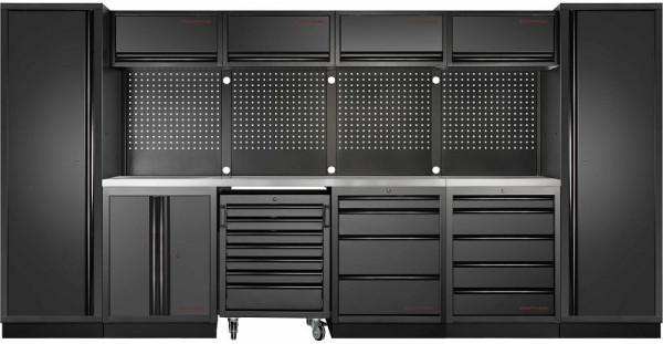 Kraftwerk MOBILIO BLACK EDITION 6er Kombi, 9 Schubladen, 7 Schränke, Unterschrank-Werkstattwagen, Vierkant-Lochwand, 3964K-BLK-017-IX