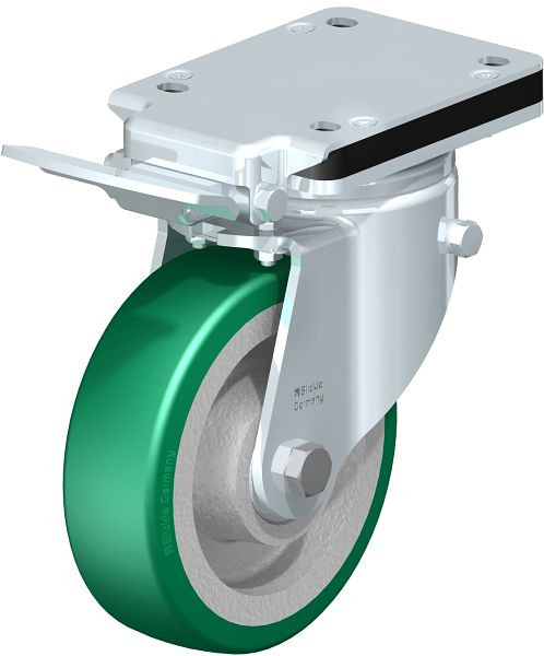 Blickle LH-GST 160K-IS Stahlblech-Lenkrolle, Schwerlast-Ausführung, mit Anschraubplatte & Feststeller, Blickle Softhane®, Grün, 852389