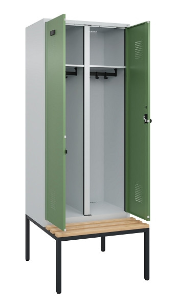 C+P Schwarz-Weiß-Spind Evolo PLUS, Bank, 2 Abteile, 2120x800x815mm, 7035/6011, Drehriegel, Sitzfläche Buche-Hartholz, Sitzbank, 0490527-22 S10010
