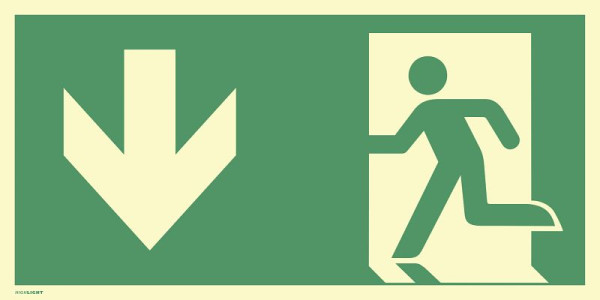 Moedel Notausgang links Pfeil unten, ISO 7010, Aluminium, nachleuchtend, 160-mcd, 594x297 mm, 60854