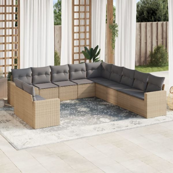 vidaXL 11-tlg. Garten-Sofagarnitur mit Kissen Beige Poly Rattan, 3251526