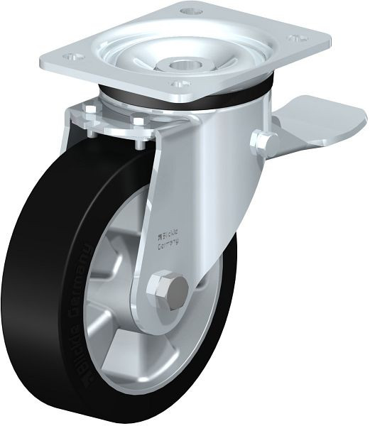 Blickle LK-ALEV 160K-ST Stahlblech-Lenkrolle, schwere Ausführung, mit Anschraubplatte & Feststeller, Elastik-Vollgummi, Schwarz, 263921