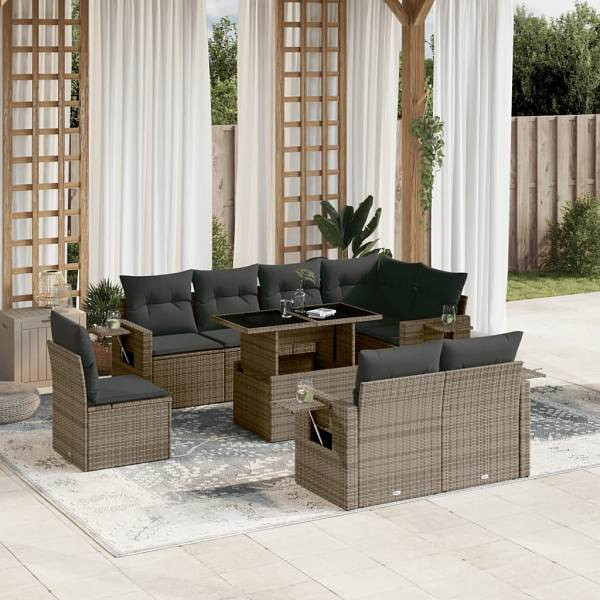 vidaXL 9-tlg. Garten-Sofagarnitur mit Kissen Grau Poly Rattan, UV-beständig, 3268040