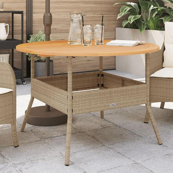 vidaXL Gartentisch mit Holzplatte Beige Ø110x71 cm Poly Rattan, 368627