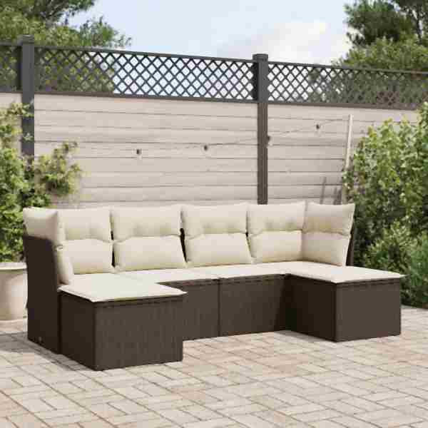 vidaXL 6-tlg. Garten-Sofagarnitur mit Kissen Braun Poly Rattan, UV-beständig, 3249852