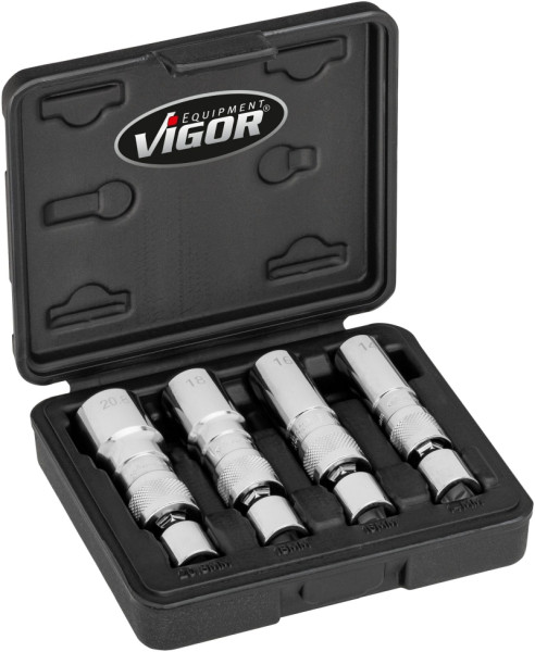 VIGOR Zündkerzen Steckschlüssel Satz, 3/8 Zoll (10 mm) Vierkant, Außen Doppelsechskant Profil, 4-teilig, 14, 16, 18, 20,8, Anzahl Werkzeuge: 4, V7002/4