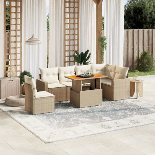 vidaXL 7-tlg. Garten-Sofagarnitur mit Kissen Beige Poly Rattan, 3271338