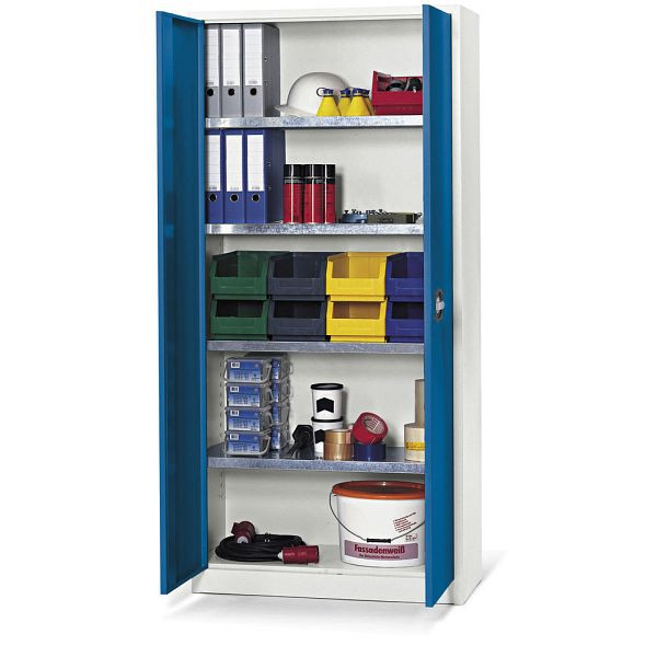 Deskin Top Angebots-Materialschrank B 920 mm, Korpus Lichtgrau RAL7035, Türen Enzianblau RAL5010, B 920 x H 1950 x T 420 mm, 284581