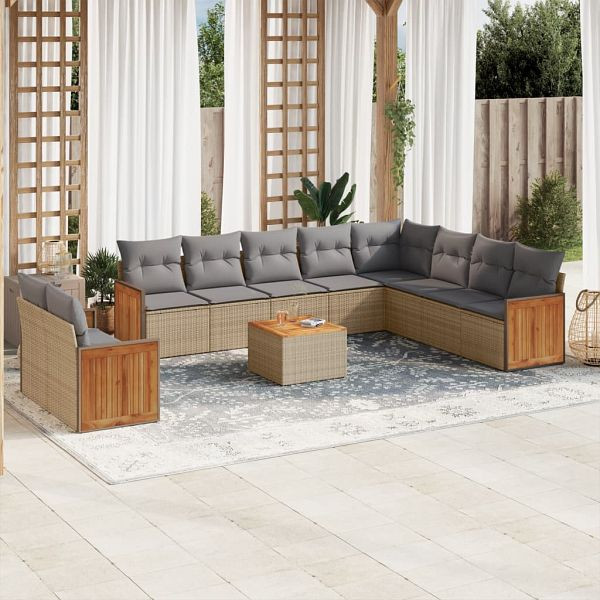 vidaXL 11-teilig Garten-Sofagarnitur mit Kissen Beige Poly Rattan, 3227802