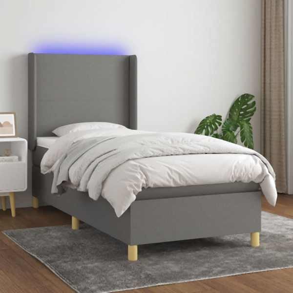 vidaXL Boxspringbett mit Matratze & LED Dunkelgrau 100x200 cm Stoff, 3138694