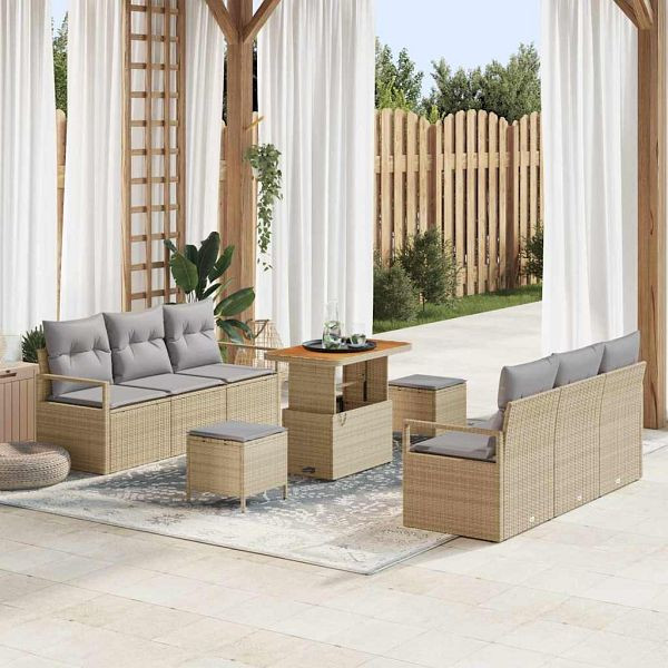 vidaXL Garten-Sofa-Set mit Kissen 9-teilig Beige Poly-Rattan, 3362482