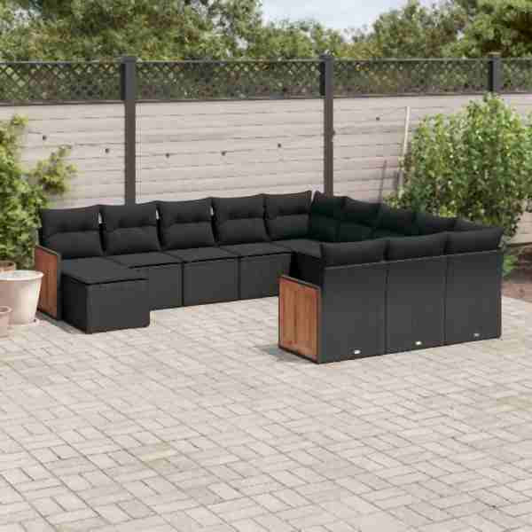 vidaXL 12-tlg. Garten-Sofagarnitur mit Kissen Schwarz Poly Rattan, UV-beständig, 3228260