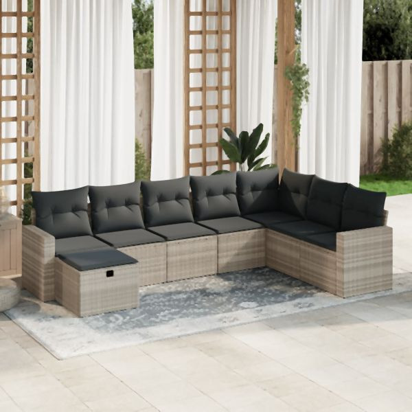 vidaXL 8-tlg. Garten-Sofagarnitur mit Kissen Hellgrau Poly Rattan, 3325438