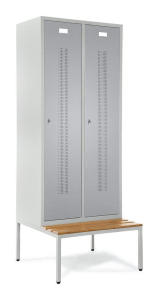 Deskin Garderobenspind mit Sitzbank, Alusilber RAL 9006, 800 x 800 x 2050 mm, 2 Abteile, Korpus: Lichtgrau RAL 7035, 346873