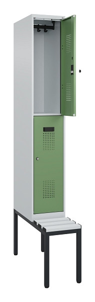 C+P Doppelstock-Spind Evolo PLUS, Bank, 2 Fächer, 2120x300x815mm, 7035/6011, Zylinderschloss, Sitzfläche Kunststoff, Sitzbank, 0493507-10 S10118