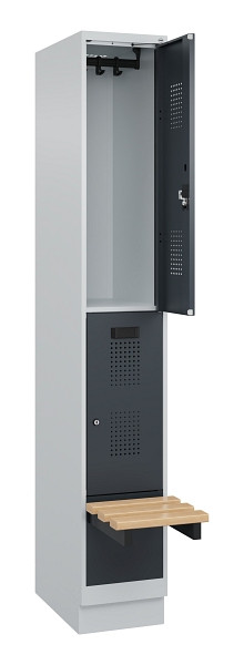 C+P Doppelstock-Spind Evolo PLUS, Bank, 2 Fächer, 1950x300x815mm, 7035/7016, Zylinderschloss, Sitzfläche Buche-Hartholz, mit Sockel, 049340-10 S10039