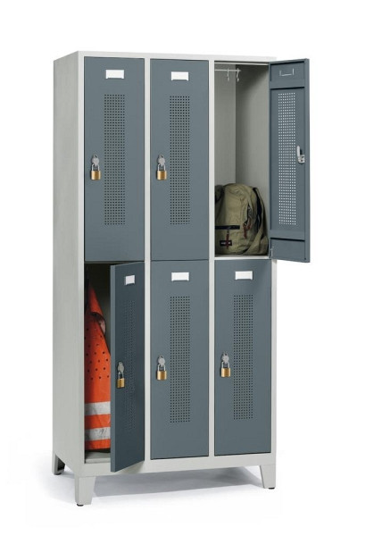 Deskin Doppelstöckiger Spind mit Füßen, Blaugrau RAL 7031, 870 x 500 x 1800 mm, 6 Abteile, Korpus: Lichtgrau RAL 7035, 331424