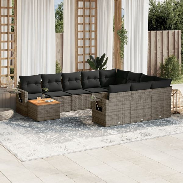 vidaXL 11-teilig Garten-Sofagarnitur mit Kissen Grau Poly Rattan, 3224751