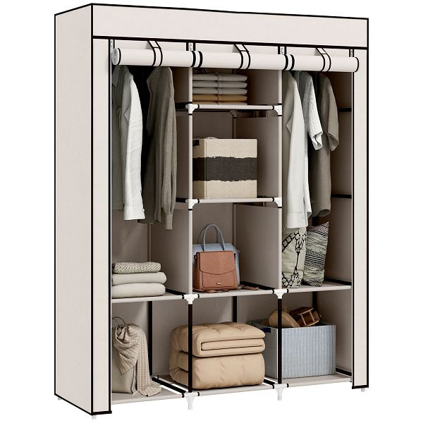 HOMCOM Schrank aus Stoff, Aufbewahrungslösung, 8 Regale, 2 Kleiderstangen, Cremeweiß, 850-211V00CW
