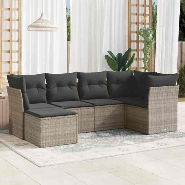 vidaXL 6-tlg. Garten-Sofagarnitur mit Kissen Grau Poly Rattan, UV-beständig, 3217950