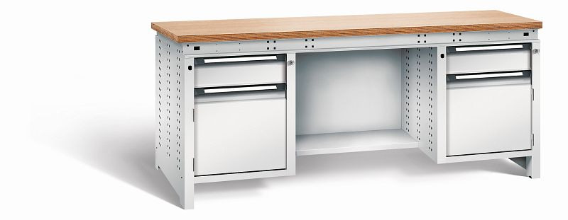 Otto Kind Werkbank Serie function Typ 305, Multiplexplatte 40 mm, bündig, 2x Unterbau + mittleres Feld, komplett RAL 7035, 072360117